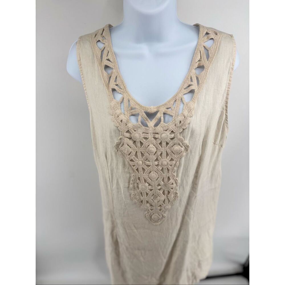 Alessia Pacini 100% Linen Beige Sleeveless Shift Dress Crochet Inlay Size Medium - Picture 6 of 9